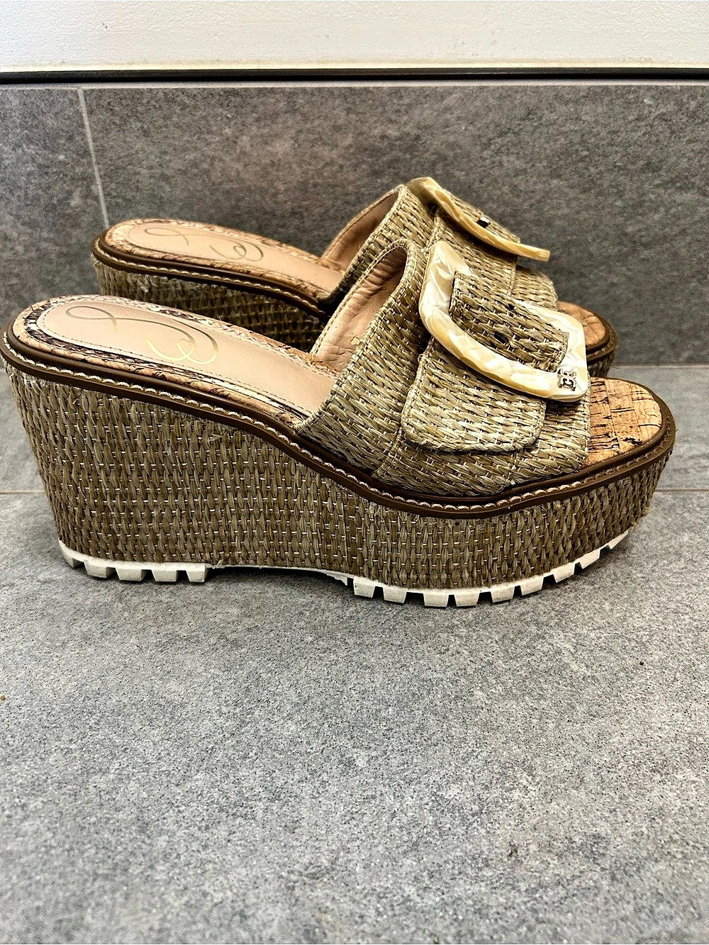 Sam Edelman Nerissa Platform Slide Sandal Wedges Beige & White US 6
